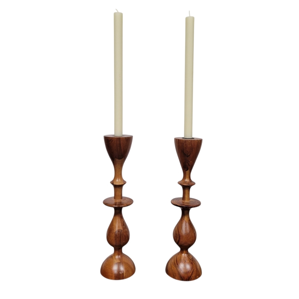 Vintage Mid Century Modern Teak Sculptural Candlesticks 15" Danish Modern Pair